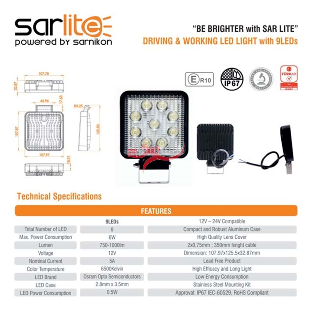 SARLITE 11009 ÇALISMA LAMBASI 9 LEDLİ KARE OSRAM LEDLİ E-BELGELİ