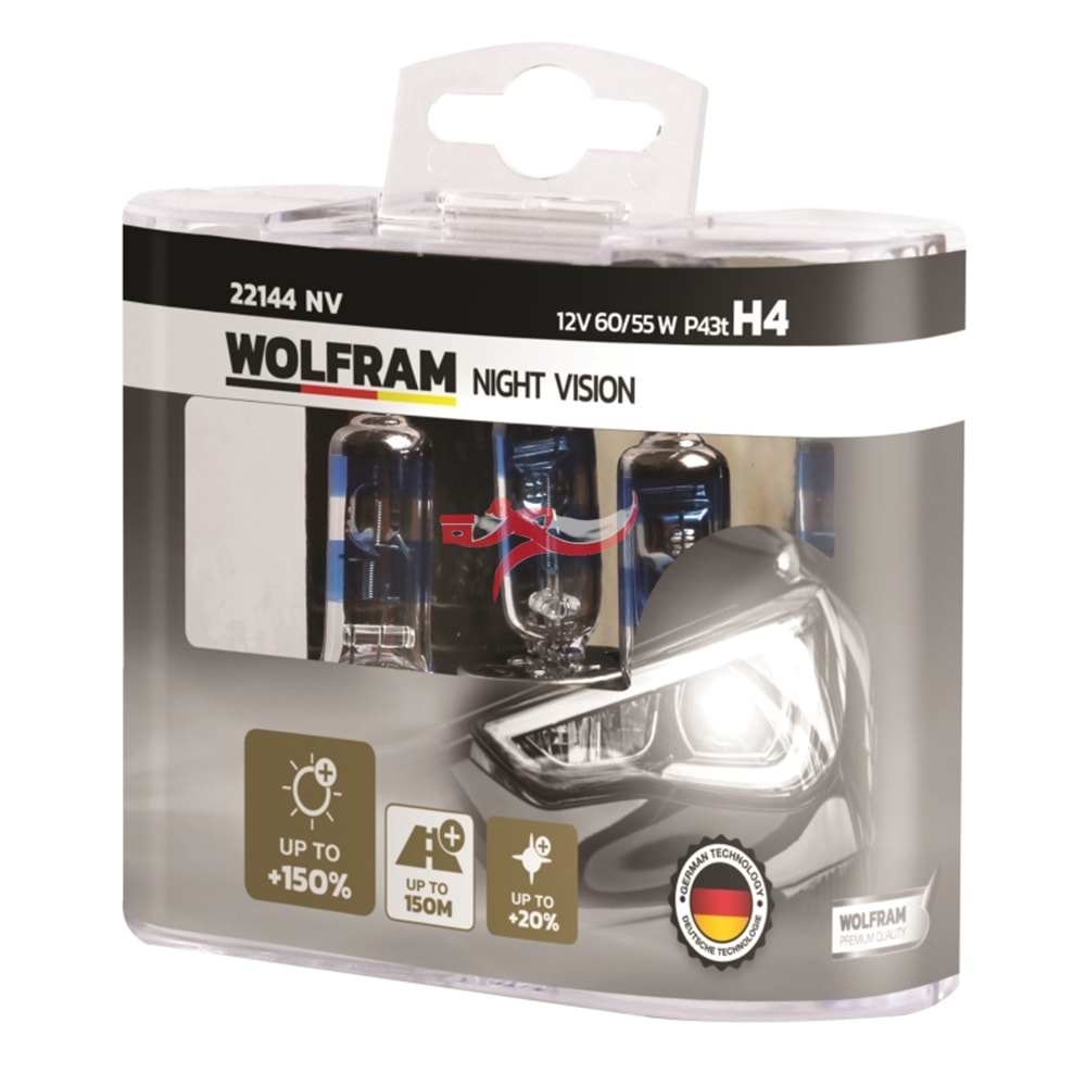 WOLFRAM 22144NV NİGHT VİSİON 12V 60/55W H4 FAR AMPULU %150 GÜÇLÜ IŞIK