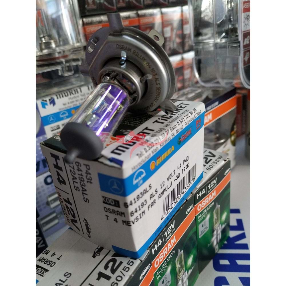 OSRAM 64193 ALS 12 VOLT H4 P43T 4 MEVSİM FAR AMPÜLÜ +30 IŞIK