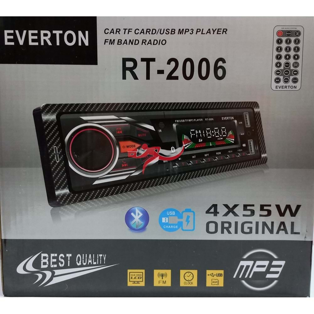 EVERTON RT2006 OTO TEYP 4X55W BLUETOOTH, ÇİFT USB, FM RADYO, MP3 ÇALAR