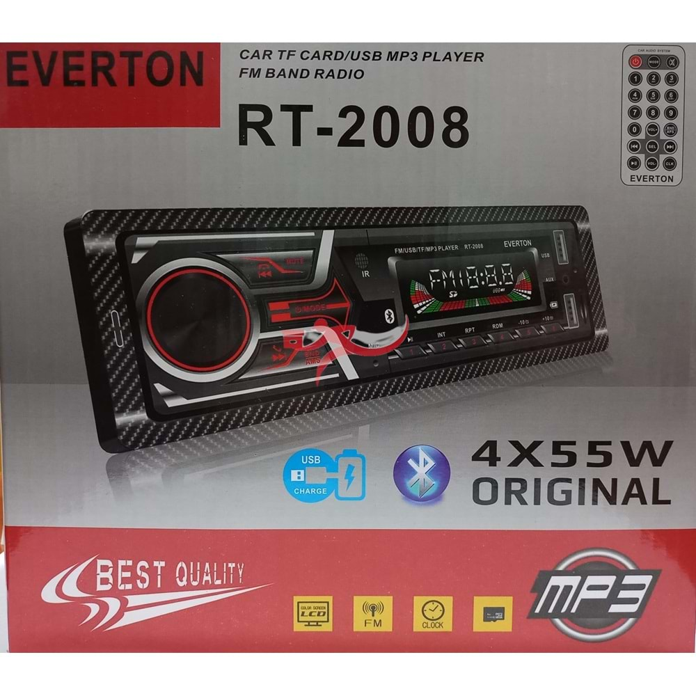 EVERTON RT2008 OTO TEYP MP3 ÇALAR 4X55W ÇİFT USB,BLUETOOTH, FM RADYO,